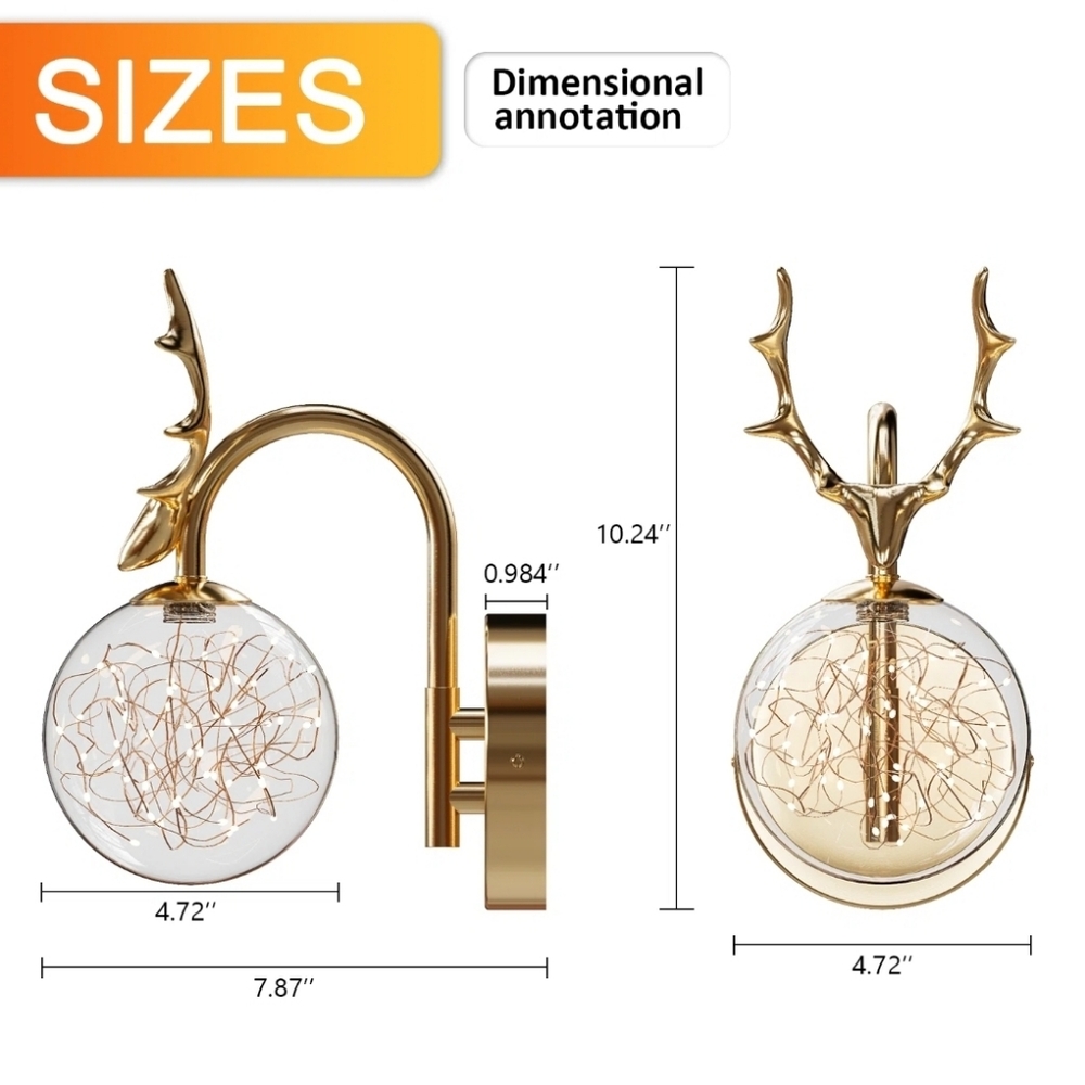 House of Hampton Gold Deer Antler Wall Sconce Light Fixture - Picture 6 of 9